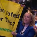 Protestors heckle Prime Minister Liz Truss during her keynote speech at the Conservative Party Conference 2022 in Birmingham.