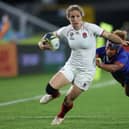Abby Dow of England is tackled during the Pool C Rugby World Cup 2021 match between France and England 