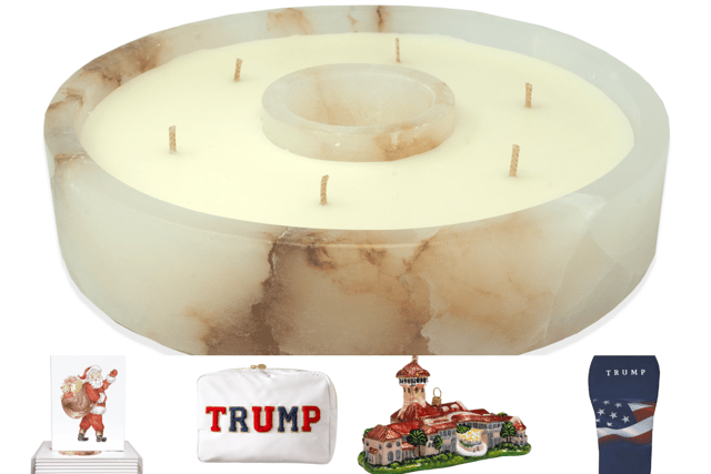 Some of the items you can purchase from the Trump Store, including a Mar-a-Lago Candle (main picture)