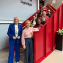 Steph McGovern and Enginuity CEO Ann Watson meet the first recipients of Steph's new scholarship for female engineers.