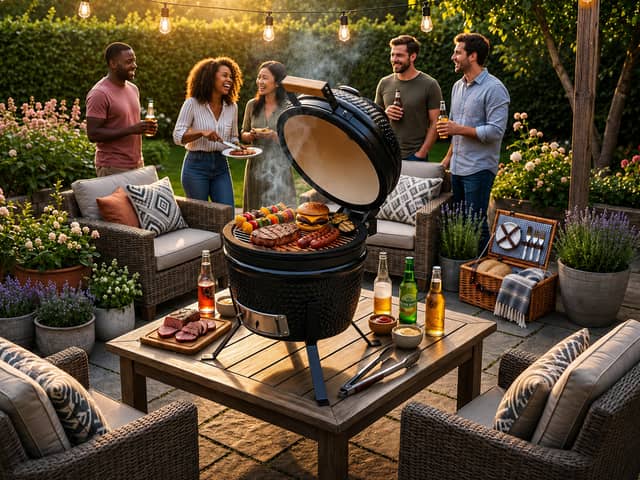 The compact ceramic kamado grill is designed to offer efficient heat retention for grilling, smoking and outdoor baking