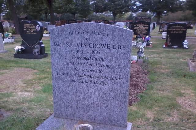 The headstone reads 'Esteemed during and after her lifetime for services to Forestry, Landscape Architecture and Garden Design'