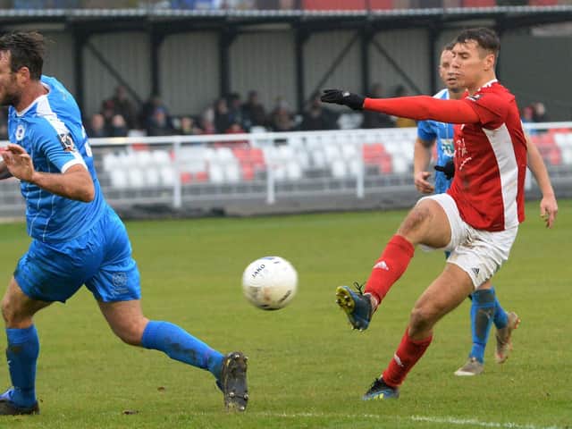 Brackley Town's Matt Lowe fires in another shot against Chester. Photo: Jake McNulty