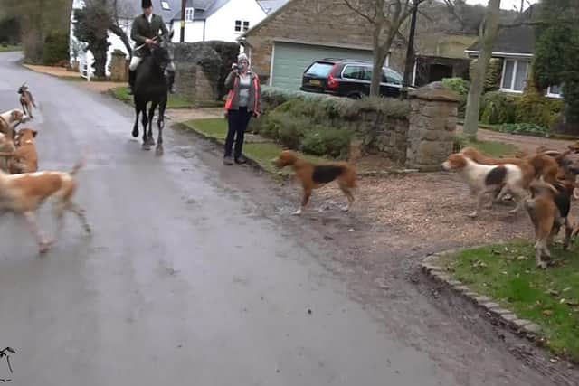 A hunt supporter films the sabateurs who in turn are filming hounds running through the village