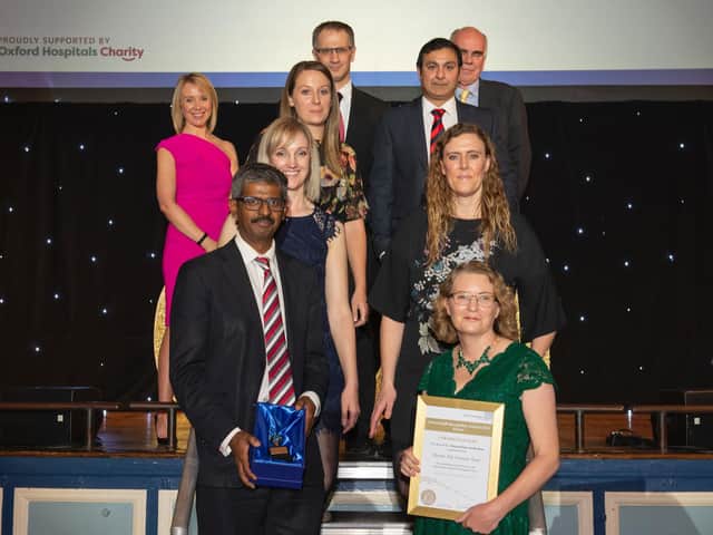 The hip fracture team receives the Clinical Team of the Year award from BBC's Geraldine Peers at the recent Staff Recognition Awards