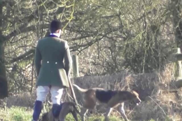 The huntsman keeps his foot on the carcass of the fox