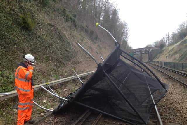 A trampoline was blown onto the West Coast main line last month bringing disruption to passengers. Photo by Network Rail.