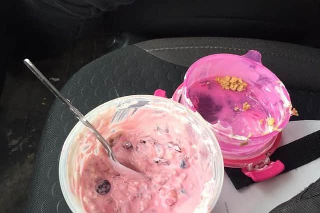 This driver's yoghurt, granola and berry mix was so tempting he was willing to risk lives to eat it. Photo: OPU Warwickshire, Facebook.