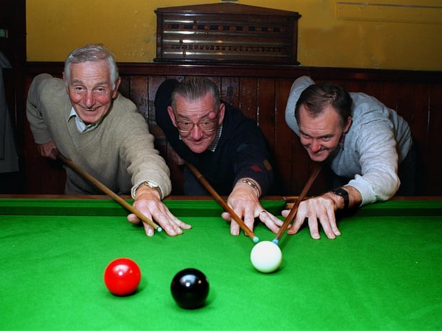 A snooker club at Crossgates Methodist Church was seeking new members in October 1996. Pictured, from left, is Henry Tyas, Leslie Dalby and John Collins.