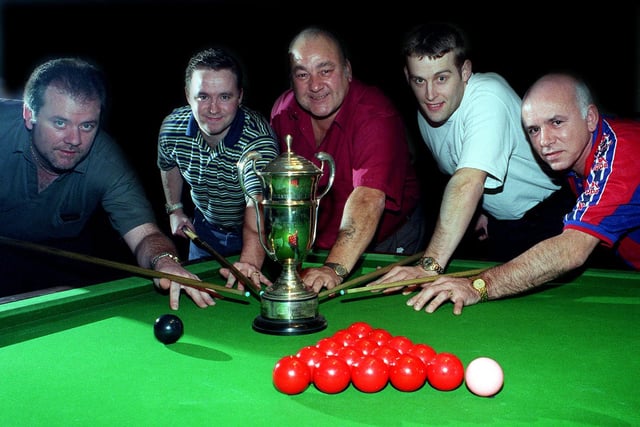 Rowland Road 'C' snooker team pictured in November 1998.  Pictured, from left, is Mike Burlington, Tony Skinner, Dave Moore, Darren Pickard and Mick Penny (captain)  with their Harold Johnson Memorial Trophy Division 1.