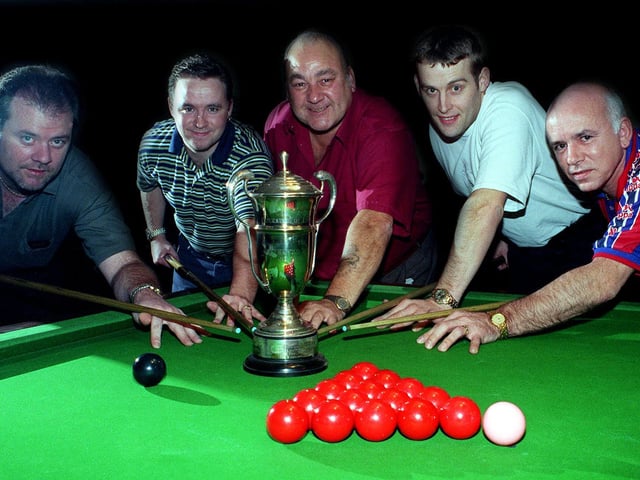 Rowland Road 'C' snooker team pictured in November 1998.  Pictured, from left, is Mike Burlington, Tony Skinner, Dave Moore, Darren Pickard and Mick Penny (captain)  with their Harold Johnson Memorial Trophy Division 1.