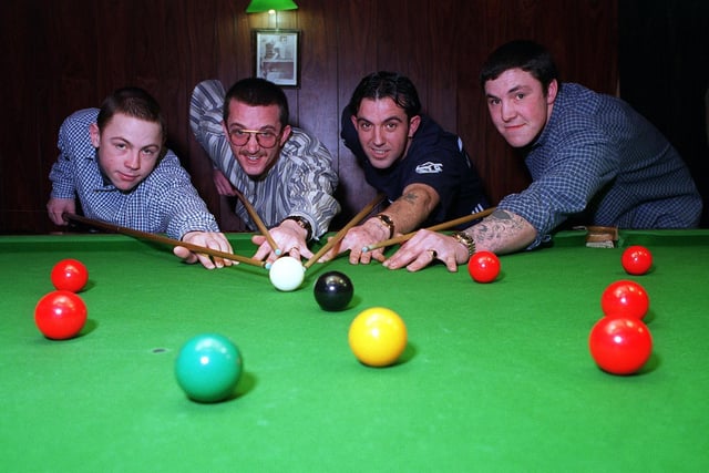 Excelsior Snooker Club in Wortley held a snooker marathon in March 1996. Pictured, from left, is Andrew Dally, Graham Chadwick, Darren Chadwick and  Robert Lindslect.