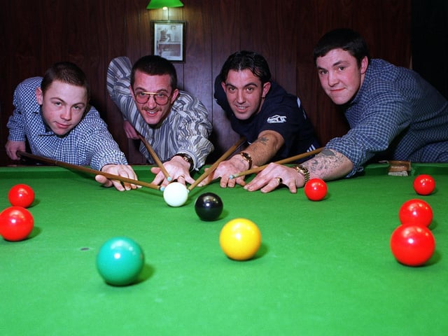 Excelsior Snooker Club in Wortley held a snooker marathon in March 1996. Pictured, from left, is Andrew Dally, Graham Chadwick, Darren Chadwick and  Robert Lindslect.