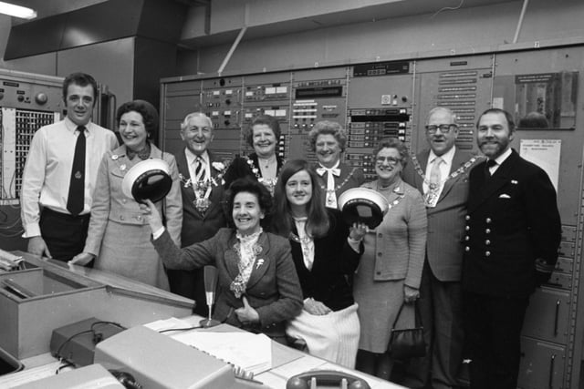 The Mayor and Mayoress of Preston Coun Mrs Dorothy Chaloner and Penny Chaloner at the controls of HMS Inskip, watched by (left to right) Chief of Watch Peter Edmondson, Mrs Irene Bamber (Mayoress of Fylde), Coun Eric Bamber (Fylde Mayor), Coun Mrs Marjorie Hoggard (Blackpool Mayor), Mrs Kathleen Abbot (Blackpool Mayoress), Mrs Emma Formstone (Mayoress of Wyre) and Coun Harold Formstone (Mayor of Wyre) and Lt Commander David Hutchings