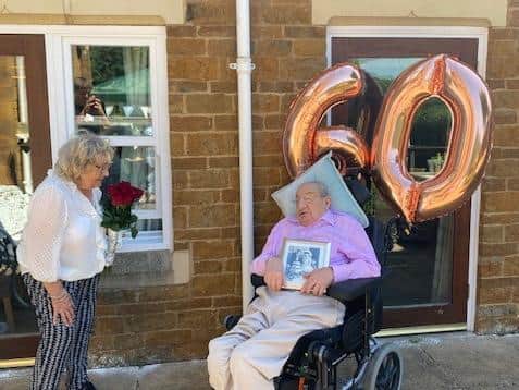 Wendy Andrews arrives at the Glebefields Care Home inDrayton, Banbury, to see her husband, Colin, for their 60th wedding anniversary