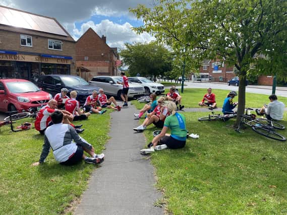 Members of the Shipston Cycling Club take a break outside the Garden Shed Cafe in Wellesbourne