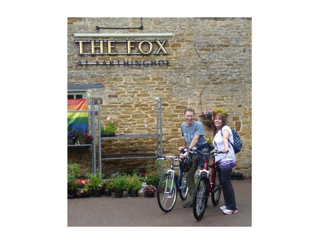 Miles and Gerri outside The Fox at Farthinghoe.