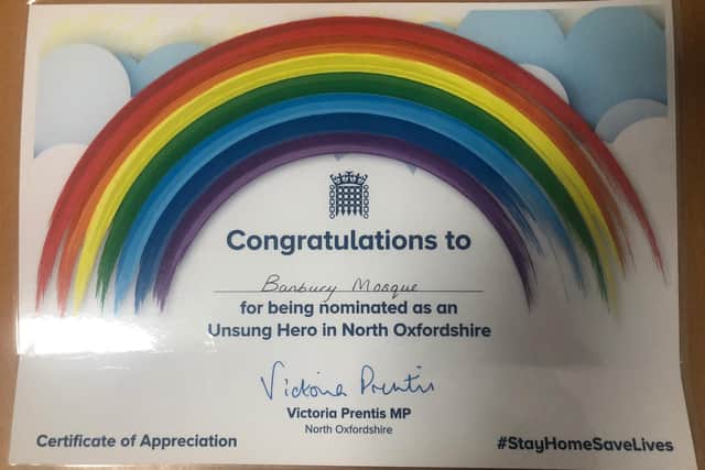 Banbury Mosque received this Unsung Hero award today, Friday August 14, from North Oxfordshire MP Victoria Prentis