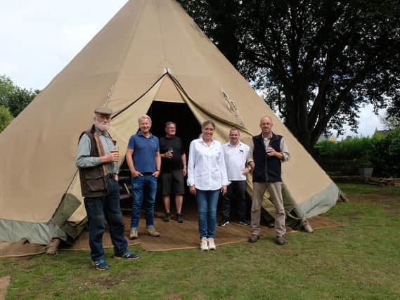 The teepee building team, l-r Ian Harris, David Kentish, Martin Jones, Rebecca Yates, Steve Yates and Ed Law
