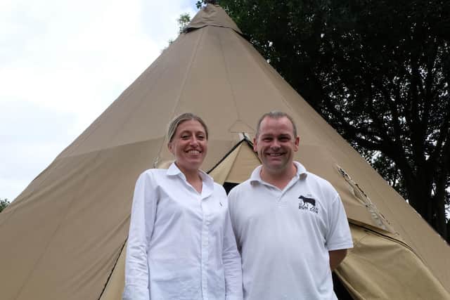 Rebecca and Steve Yates, landlords of the Dun Cow pub, Hornton which has extended its dining room into a teepee