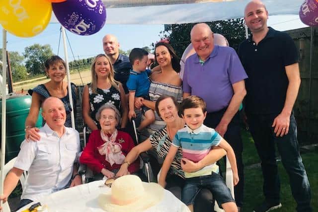 Margaret 'Peggy'Shaw (centre) enjoyed a family celebration marking her 100th birthday on Sunday September 13 in Farnborough