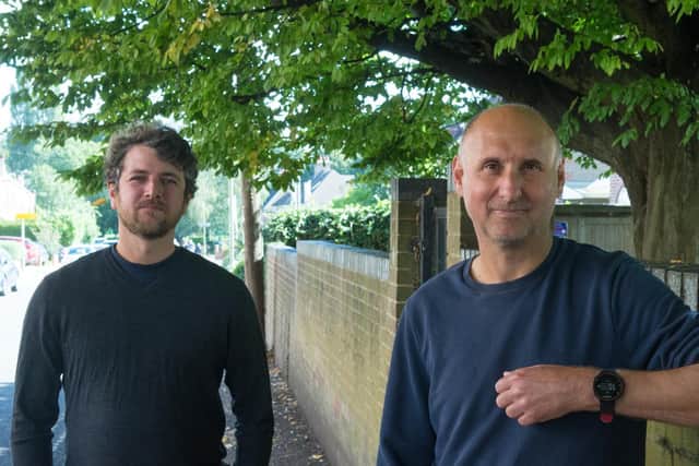 Author Tim Smedley, left, and Neil Wallis of Bath Road who are calling for measures to reduce traffic in their street. ©Geoff Crawford @gncmedia