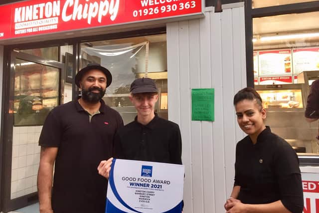 The Kineton Chippy recently won a Good Food Award (pictured is owner Sukhpreet Singh, Reece Ballinger and Juskiran Kaur)