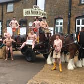 Brave Hooky Brewery staff on board as the March feature in the prostate cancer calendar. They are, l - r, George Clarke, Derek Pratt, Jamie O'Sullivan, Mark Graham, Ed Clarke, Roger Hughes, Dave Daniels, dray horses Commander and Lucas and Tristan Watkins