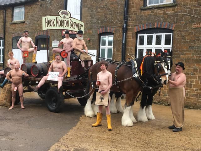 Brave Hooky Brewery staff on board as the March feature in the prostate cancer calendar. They are, l - r, George Clarke, Derek Pratt, Jamie O'Sullivan, Mark Graham, Ed Clarke, Roger Hughes, Dave Daniels, dray horses Commander and Lucas and Tristan Watkins