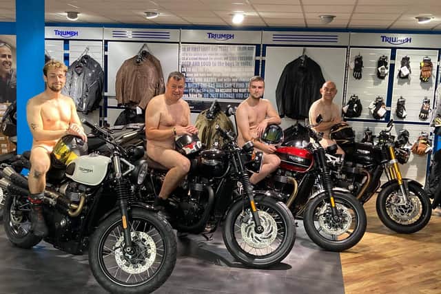 Pete Constable was diagnosed with prostate cancer after a PSA test. He is pictured with colleagues at Blade Motorcycles, Stratford-on-Avon in the June picture