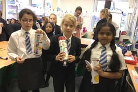 A recent Science Club for Girls session at Harriers where year five pupils made star constellation viewers. Pictured: Shaaliyah Henriques, Ella-Rose Howson and Angeliya Rajesh