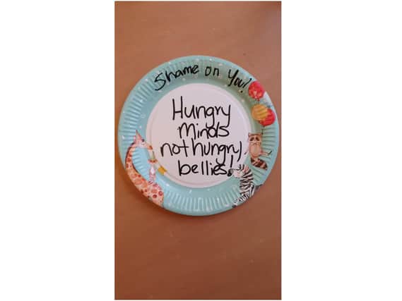 The plate decorated and made by Sara Johnstone that she will deliver with several to the office of Banbury MP Victoria Prentis in Deddington
