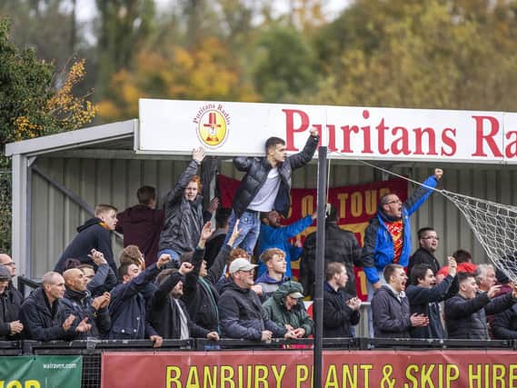 Scenes like these at the end of Banbury United's FA Cup fourth qualifying round win over Bury Town won't be seen this weekend when the Puritans play their first round clash with Canvey Island behind closed doors. Picture by Kirsty Edmonds