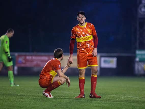 There was bitter disappointment for the Banbury United players as their FA Cup hopes were ended at the hands of Canvey Island. Picture by Kirsty Edmonds