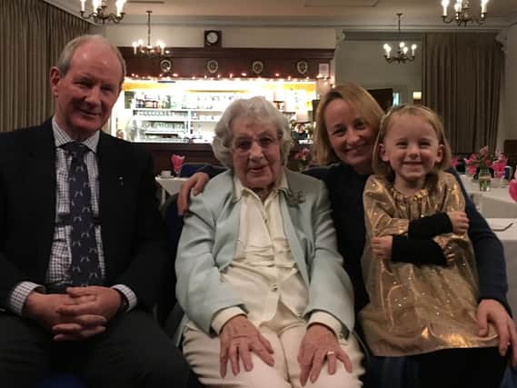 Beatrice Thompson at her 100th birthday party with her son Robert Thompson, granddaughter Claire Thompson and great-granddaughter Alice Verbeeten.