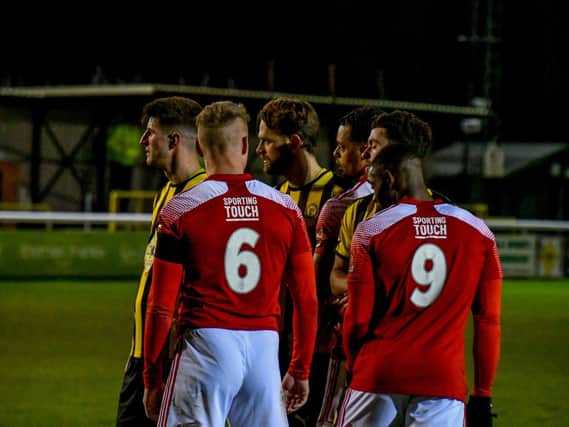 Brackley Town battled out a 1-1 draw at Leamington on Tuesday night. Picture courtesy of Dean Williams Media