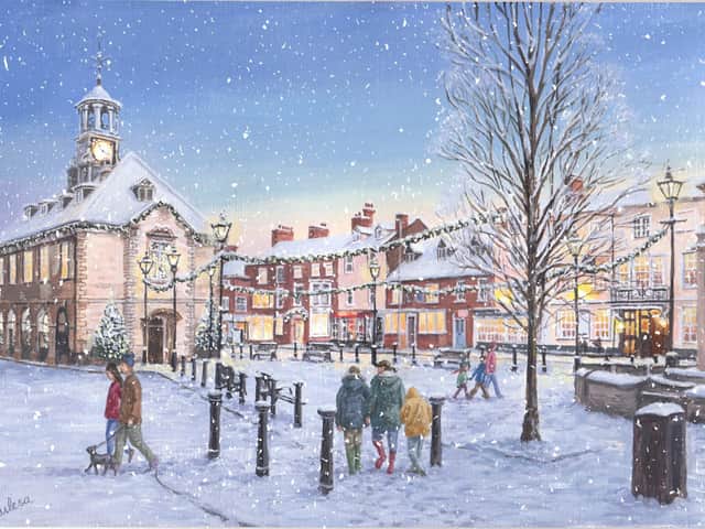 A delightful view of Brackley town centre in the snow is one of the designs of cards being sold to raise money for Katharine House Hospice