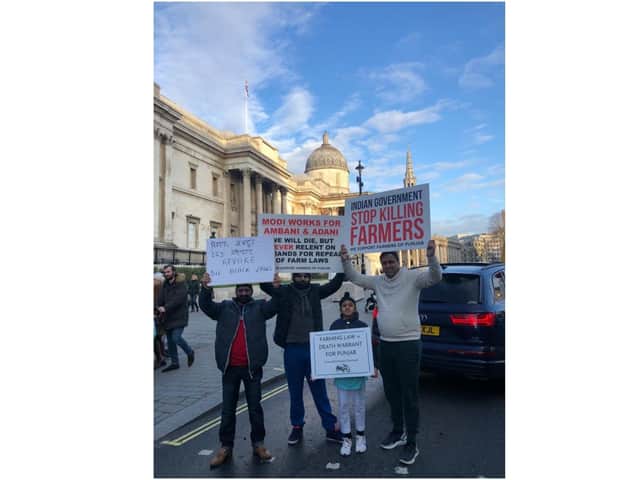 Banbury Sikhs joined thousands of other peaceful protesters in central London on Sunday December 6: pictured left to right - Balihar Singh Rana, Kulvir Singh, Taran Singh, Dilsher Singh Sandhu