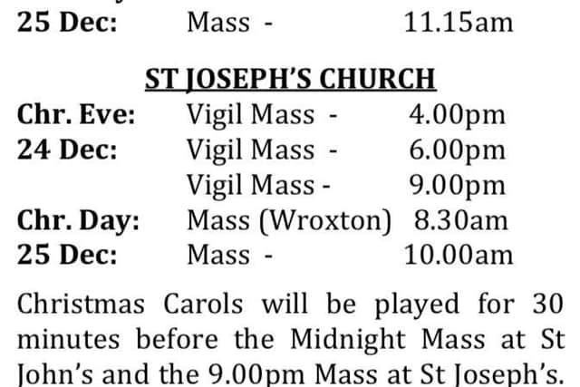 The listing for various mass times at St John's and St Joseph's, Banbury