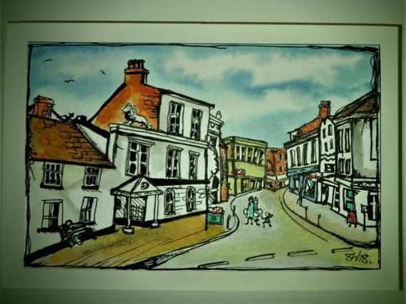 Art drawn by Selma Wakeman, the co-founder of the The Banbury Youth & Community Enterprise, with a view from the High Street in Banbury, looking down towards the start of the Pedestrian walk through.