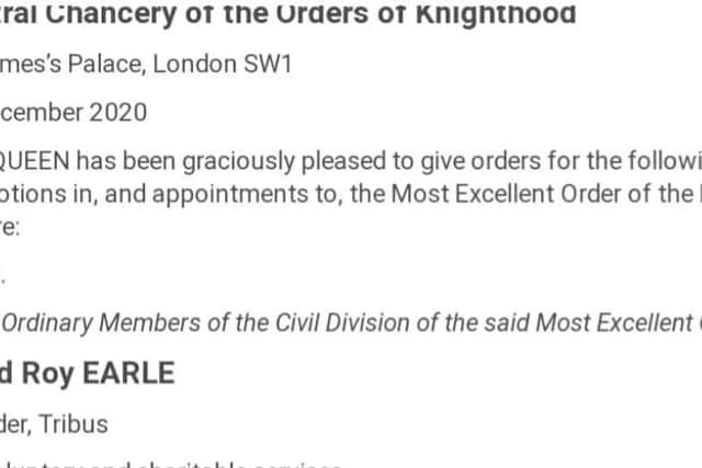 Dave Earle's MBE notice