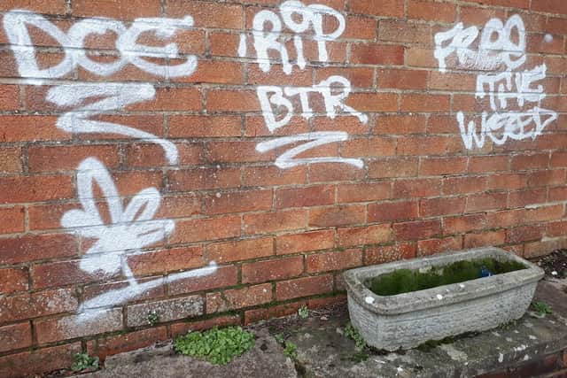 Police in Shipston are investigating damages caused aftergraffiti was found on thewall ofthe Shipston Veterinary Centre.(photo from Shipston Safer Neighbourhood Team Facebook page)