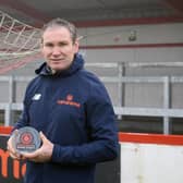 Brackley Town boss Kevin Wilkin shows off his award after he was named the Vanarama National League North manager of the month for December