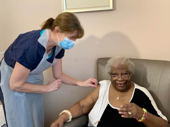Highmarket House care home resident, 86-year-old Mavis Ede, was one of the first residents at the home to receive the vaccine (photo from Highmarket House care home)