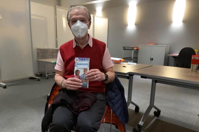 David Mingos, aged 76, one of the first people to get his first dose of the Oxford AstraZeneca Covid-19 vaccine at the region's mass vaccination centre at Kassam Stadium in Oxford (photo from Oxford Health NHS Foundation Trust)