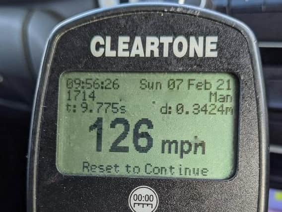The speed captured on the police radar on the M40 on Sunday