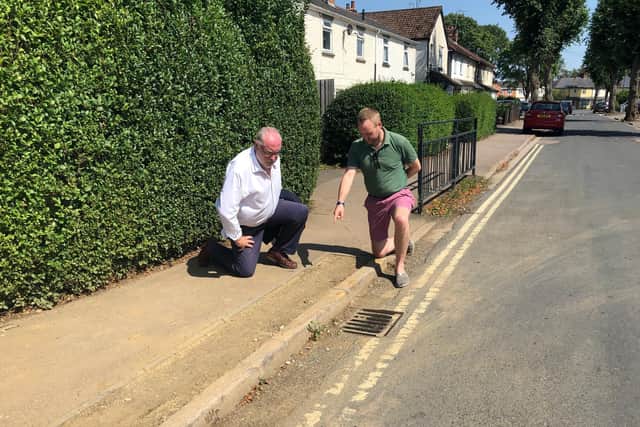 Banbury Cllr Kieron Mallon and Cllr Eddie Reeves inspecting the damaged verges on Easington Road in the summer prior to requesting the remedial works at Oxfordshire County Council (photo from Cllr Kieron Mallon)