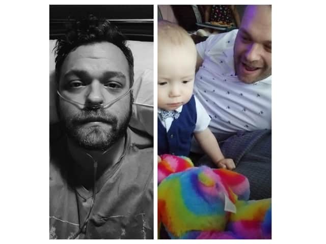 At left, Rob Hutt in hospital and at right Rob with his son, Finley upon returning home