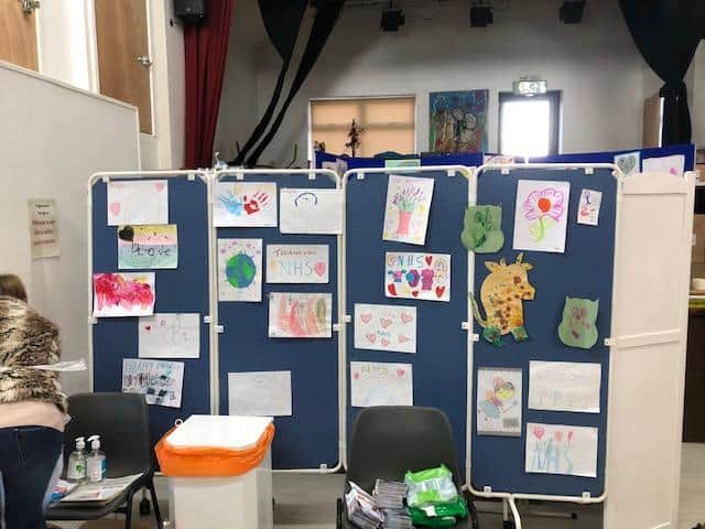Children from several Banbury schools sent drawings to a Covid vaccine clinic held in Grimsbury. (photo from Hightown Surgery)