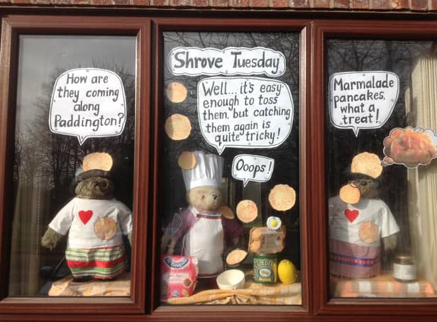 Pancake Day Paddington Bear window display created by Lindy Gascoigne, who is a teacher at St Mary's Primary School in Banbury
